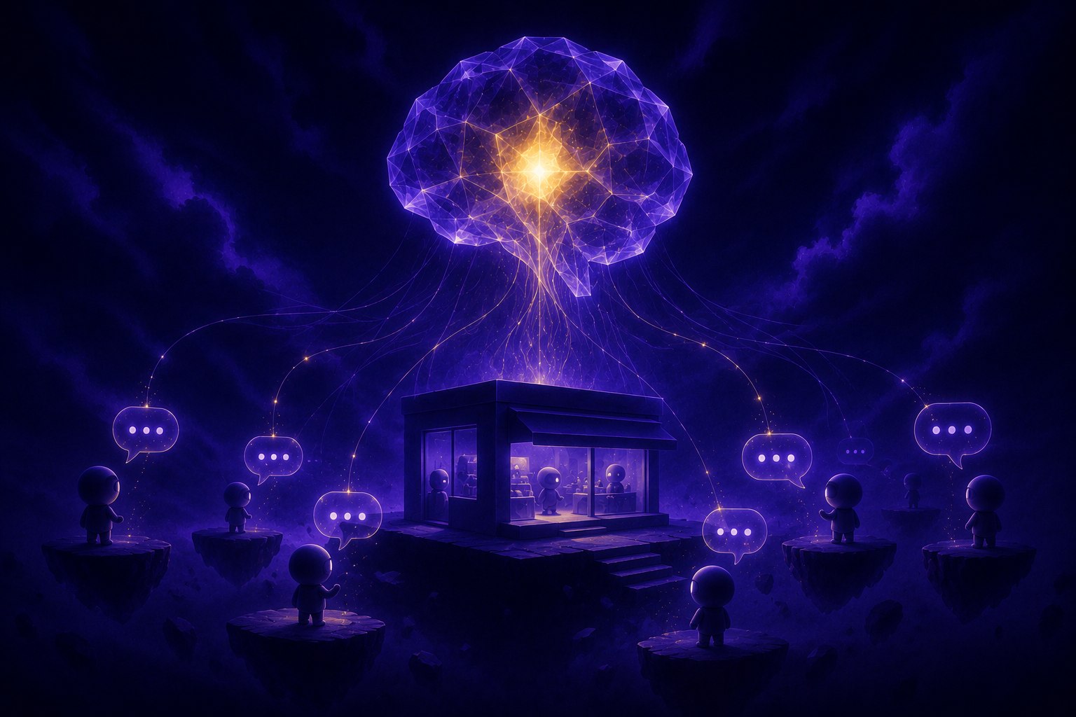Illustration of a glowing crystalline mind above a virtual storefront, light threads reaching down to visitor avatars