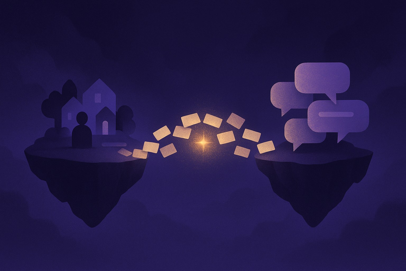Illustration of two floating islands, a small virtual town with an avatar and a cluster of chat bubbles, linked by a bridge of glowing message cards