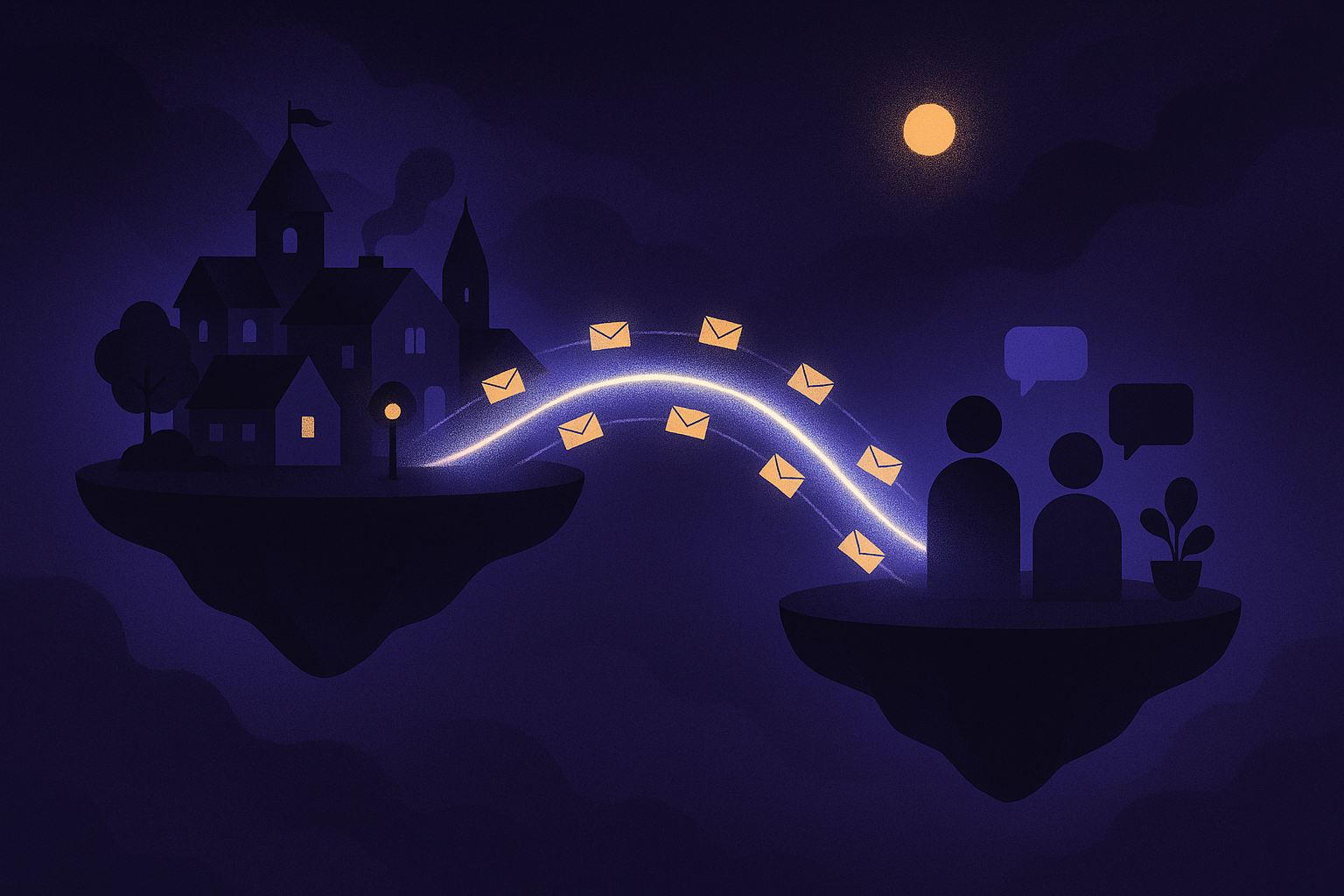 Illustration of two floating islands connected by a glowing bridge of messages