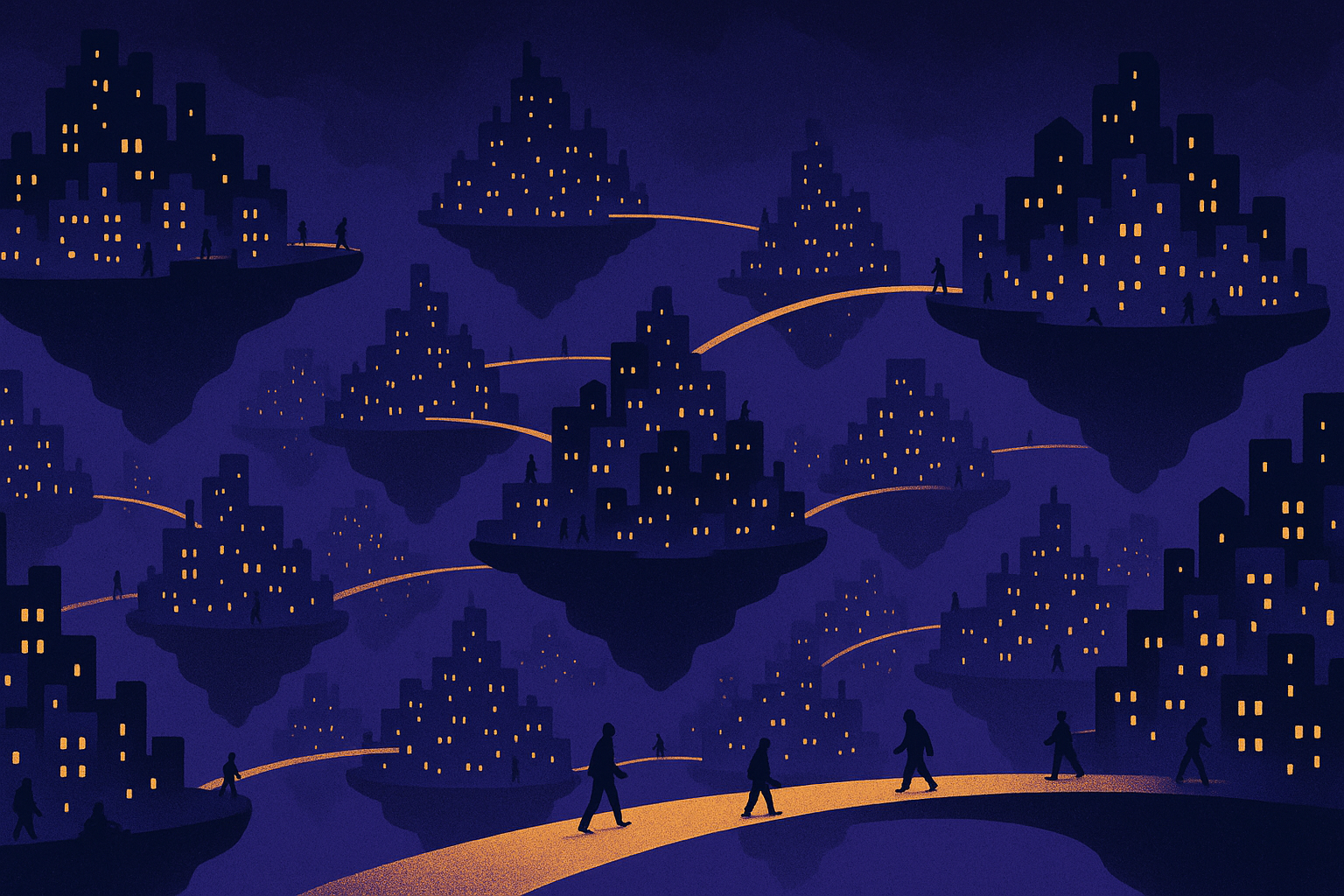 Illustration of a vast night city of floating islands full of lit windows