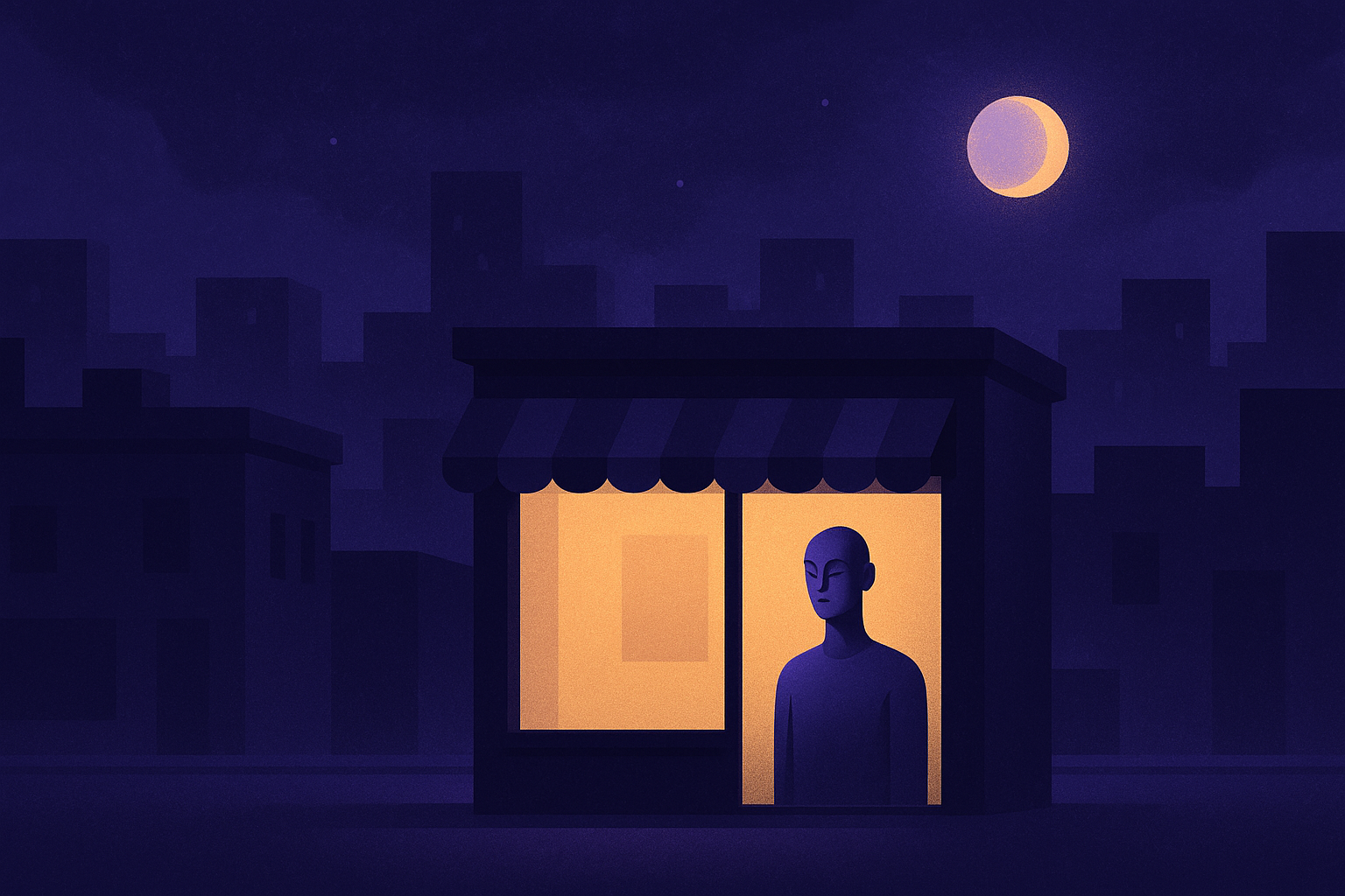 Illustration of an avatar keeping watch in a lit virtual storefront at night