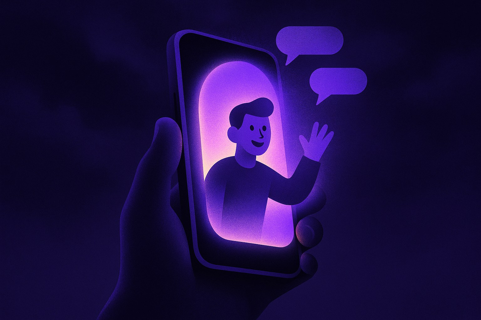 Illustration of a hand holding a phone whose screen opens like a portal, an avatar waving out of it with chat bubbles rising