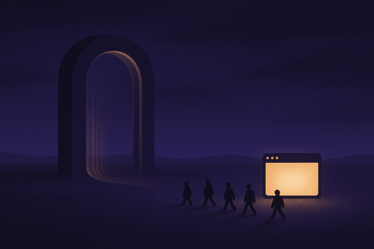 Illustration of a glowing portal powering down while a small browser window stays lit