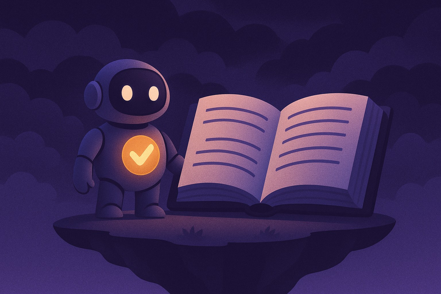 Illustration of a friendly robot with a gold checkmark on its chest standing beside an open rulebook on a floating island