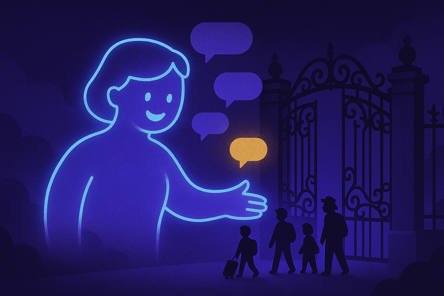 Illustration of a glowing greeter avatar welcoming travelers at a gate