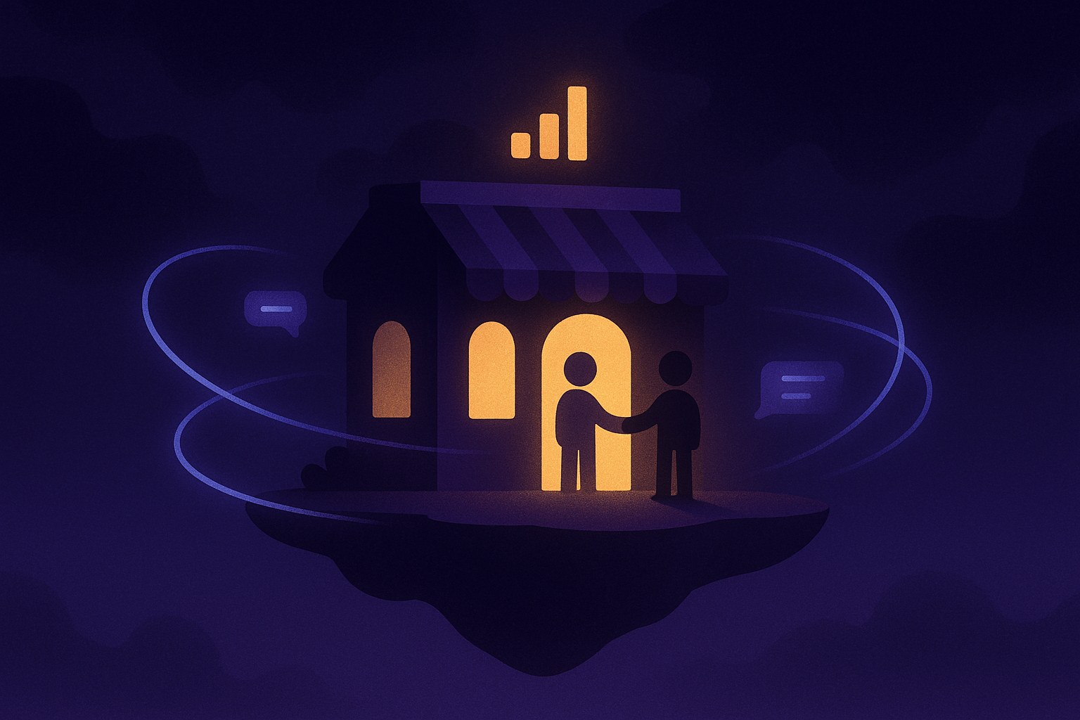 Illustration of a glowing storefront on a floating island at night, an avatar greeting a visitor at the door under a small gold bar chart