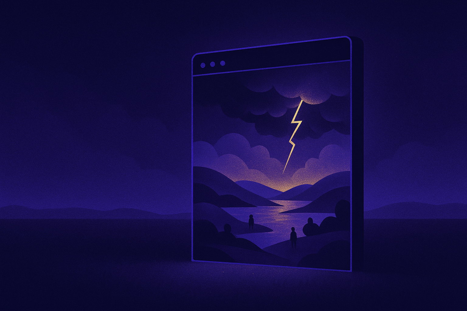 Illustration of a browser window standing like a doorway into a stormy virtual world