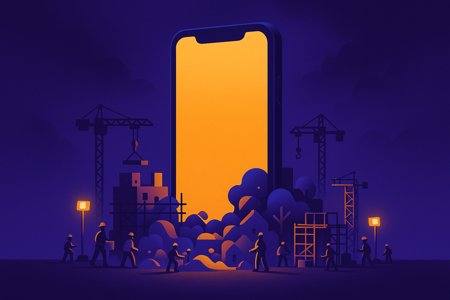 Illustration of a smartphone monolith with a miniature world under construction around it