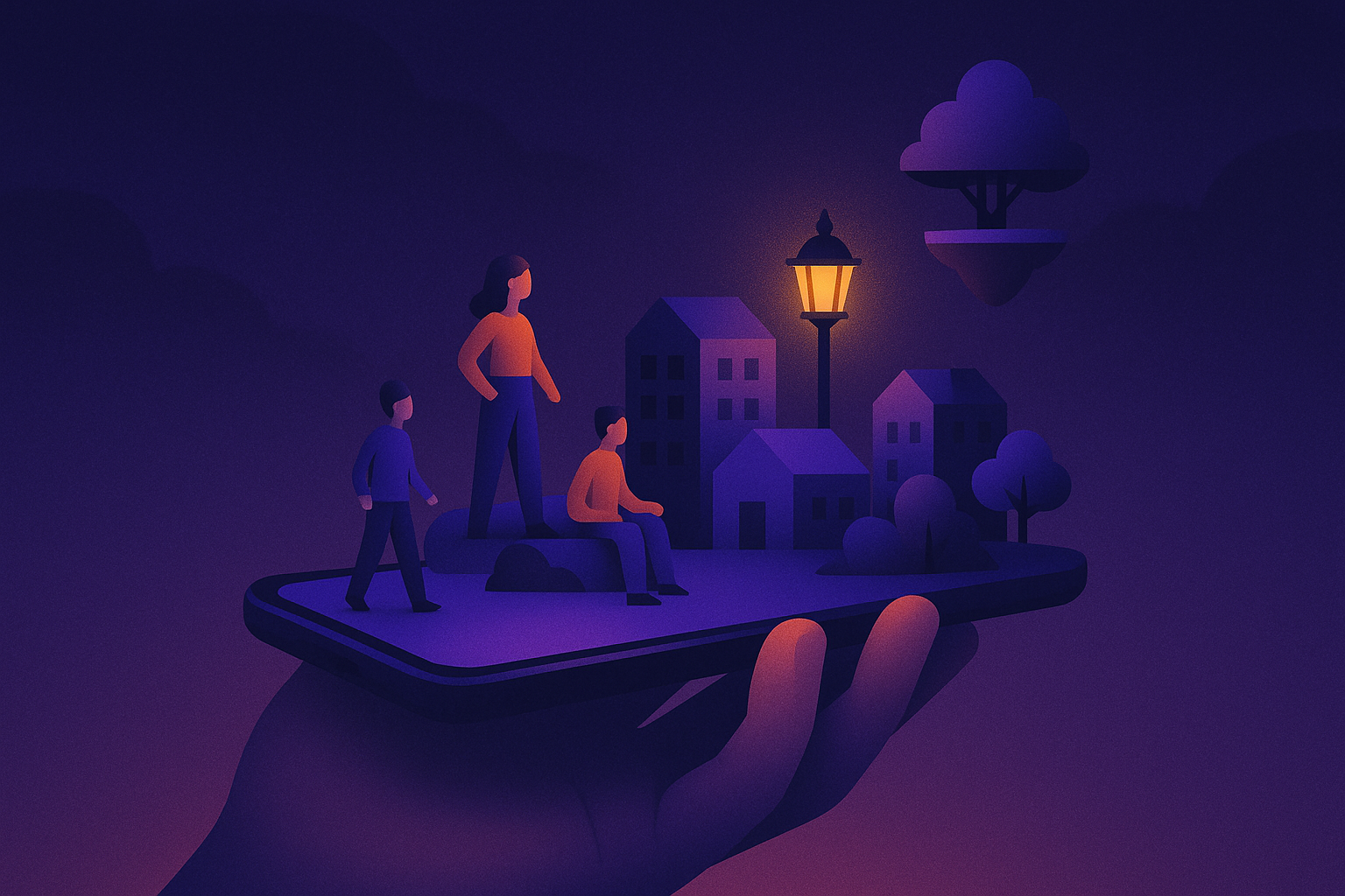Illustration of a miniature virtual world rising out of a smartphone