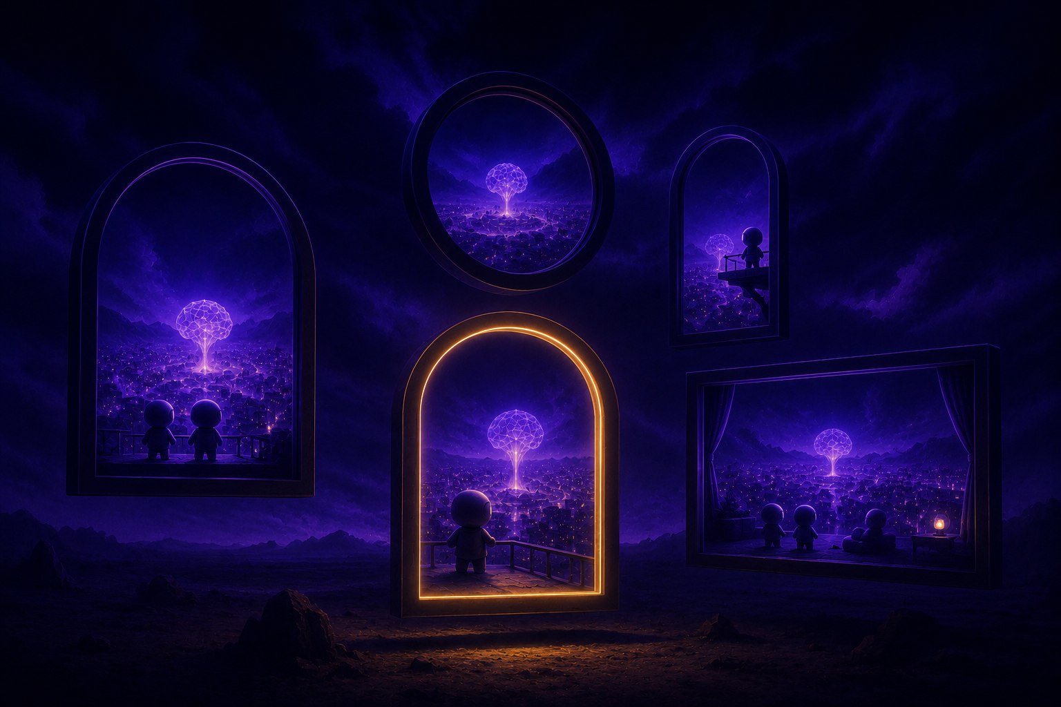 Illustration of five floating window frames looking into the same glowing virtual world, one framed in gold