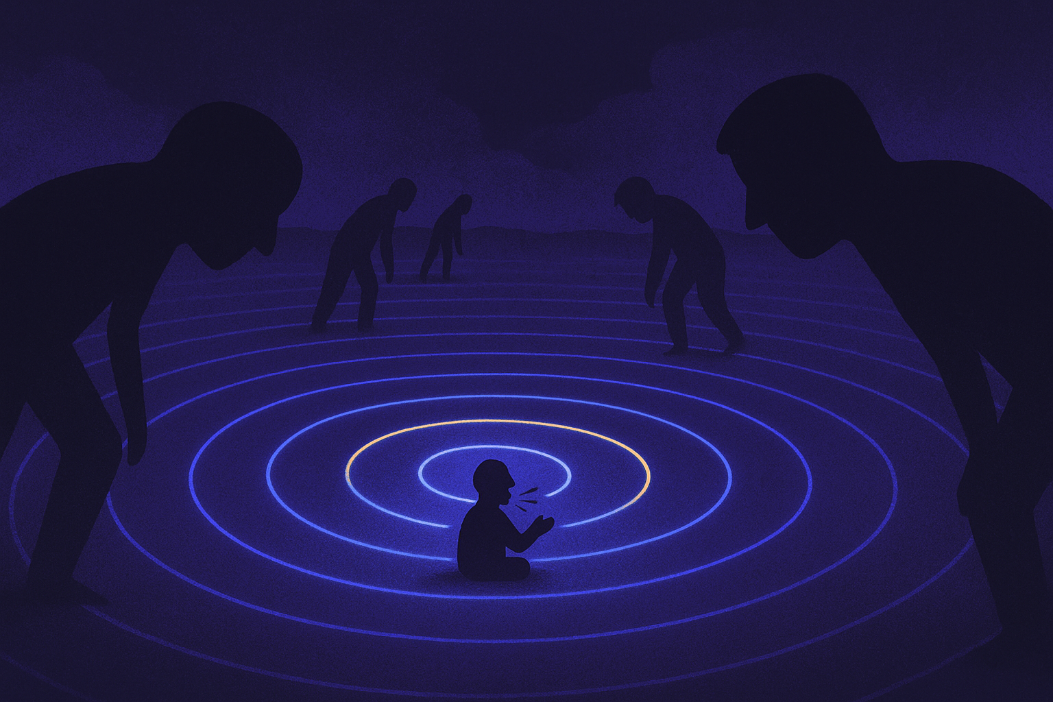 Illustration of glowing sound waves rippling from a speaking avatar across a night landscape