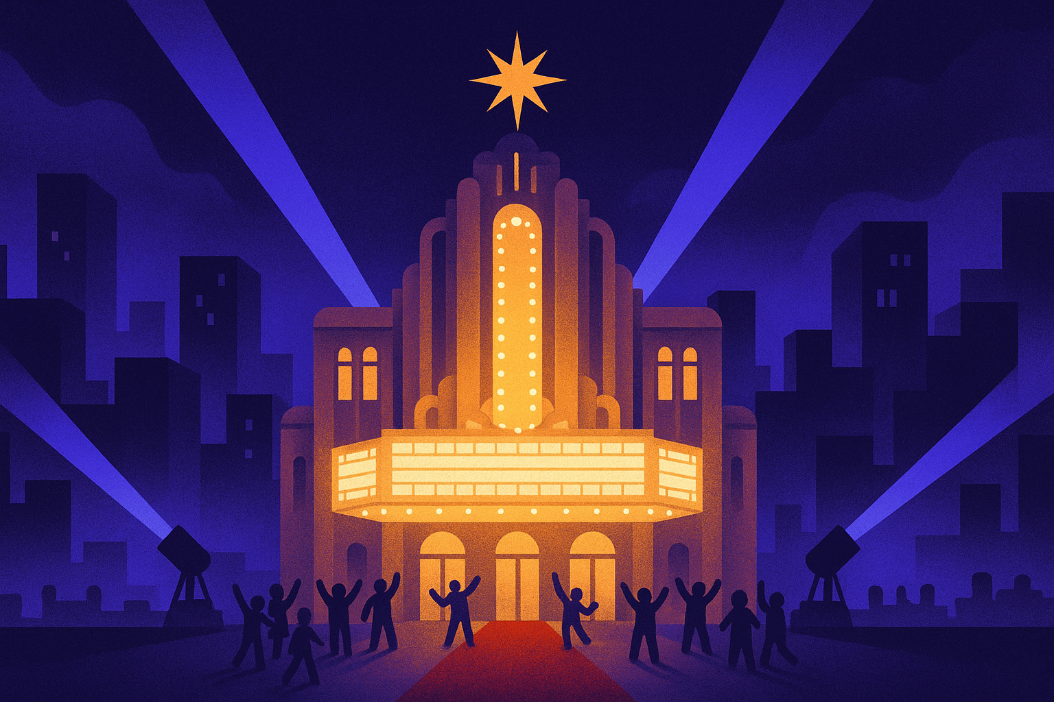 Illustration of a golden-age Hollywood movie palace marquee in a virtual night city