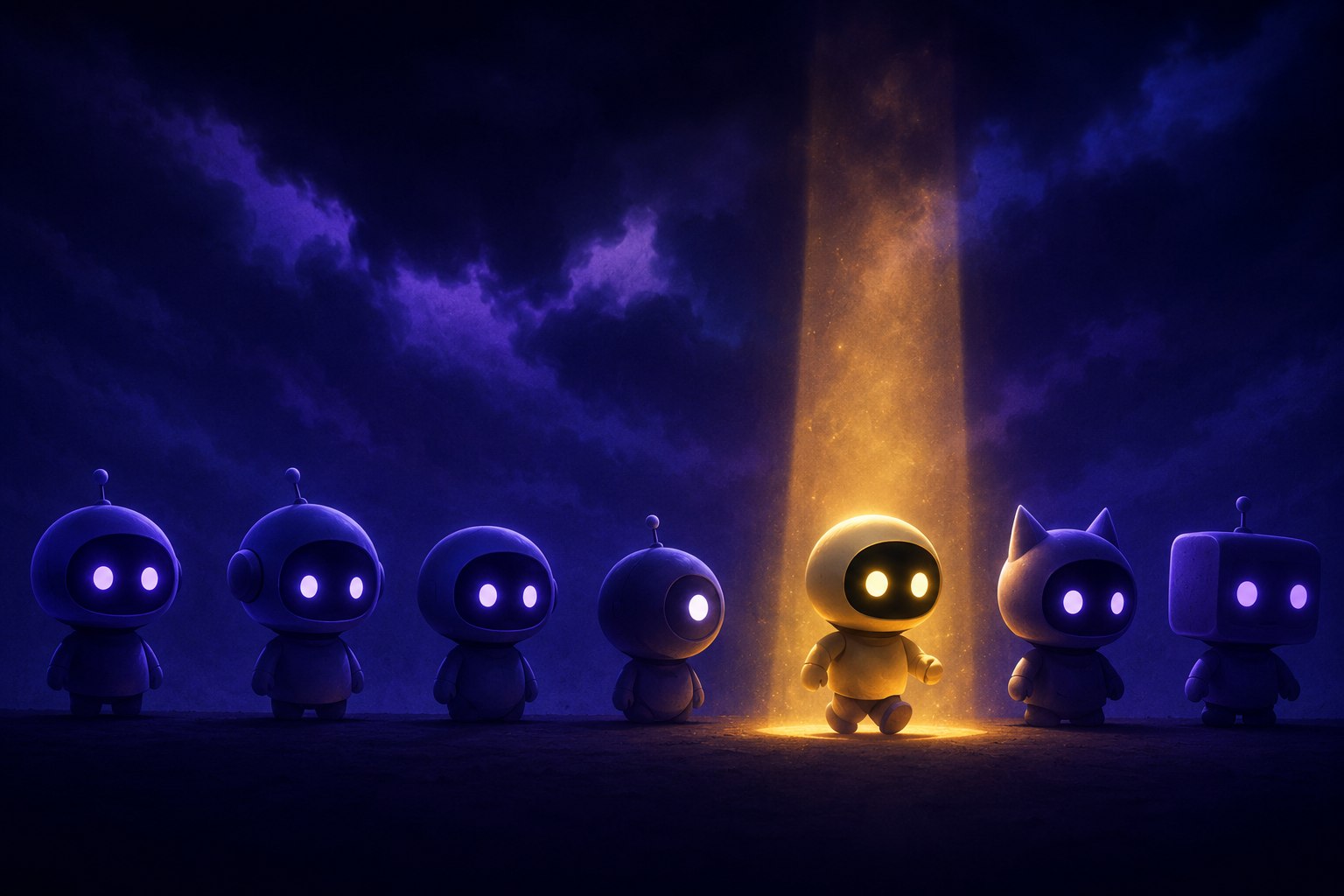 Illustration of several robot helper figures in a row, one stepping forward into gold light