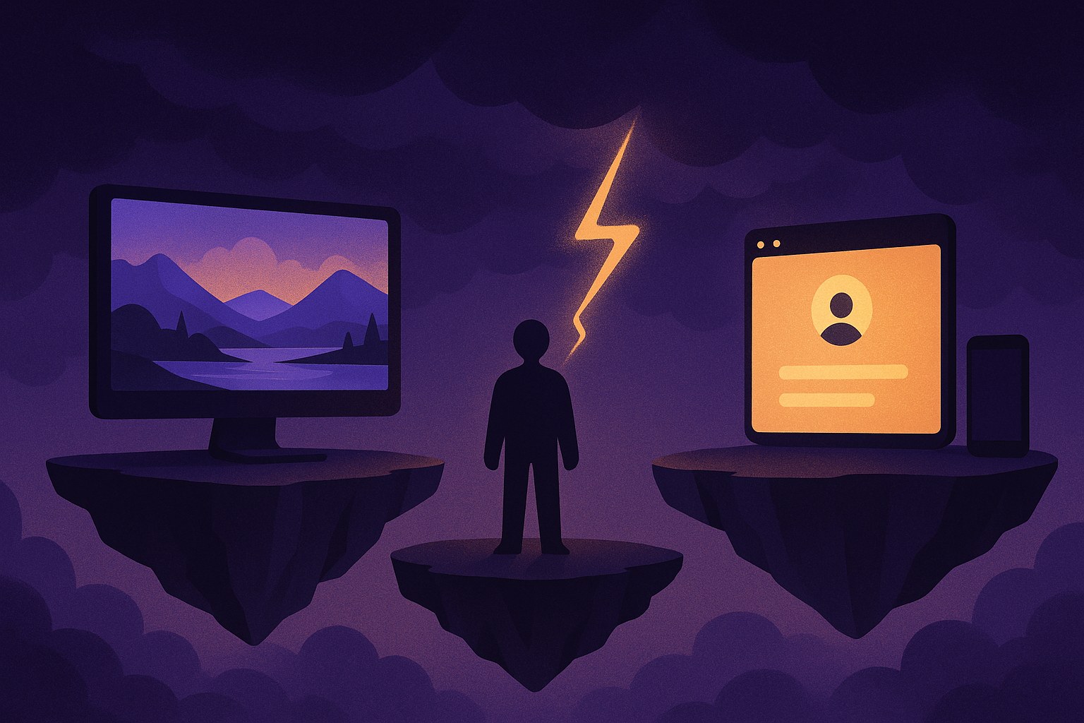 Illustration of an avatar on a floating island between a desktop monitor showing a 3D landscape and a glowing browser window with a phone, joined by a gold lightning bolt