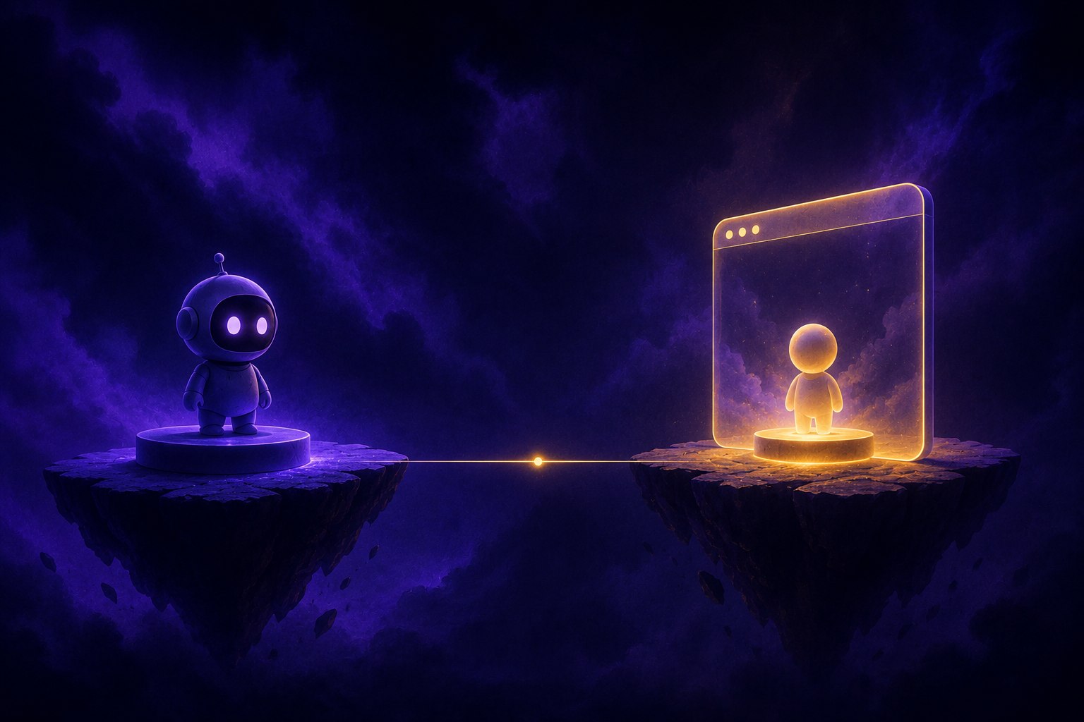 Illustration of two floating islands, one holding a small robot, the other a glowing browser window with an avatar inside