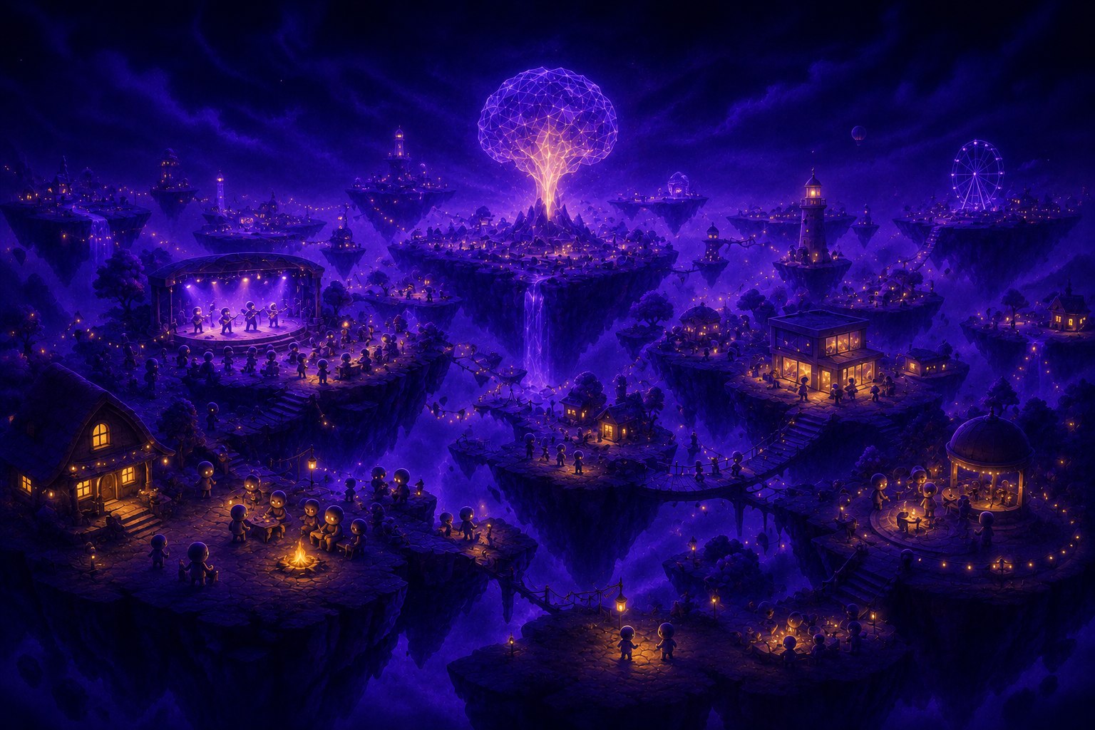 Illustration of a virtual world seen from above at night, floating islands with tiny houses and avatars in pools of light